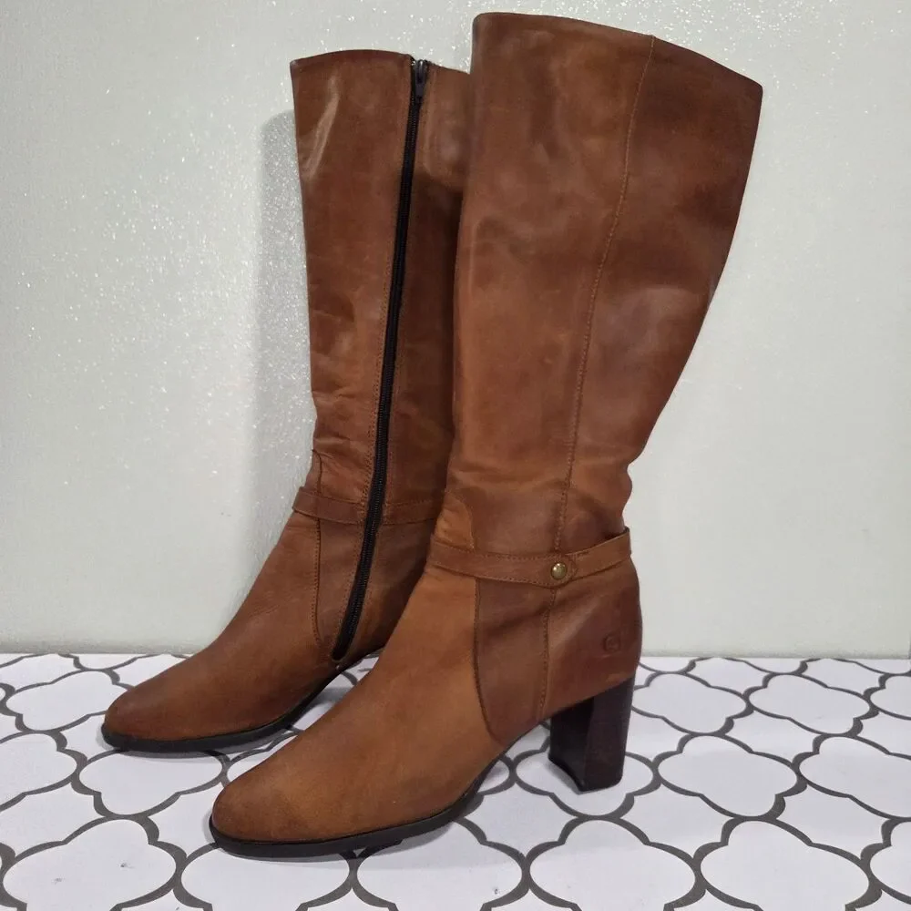Born Ellendale Knee High Leather Boots Brown Low Heel sz 8.5